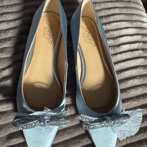Jewel Badgley Mischka Light Blue Satin Flats with Embellished Bow